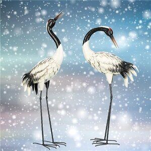 Garden Crane Statues Outdoor Heron Red Crowned Crane Metal, Set of 2